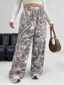 SHEIN EZwear Pantalones largos casuales con estampado tejido para mujer de talla grande, minimalista y de moda para uso diario