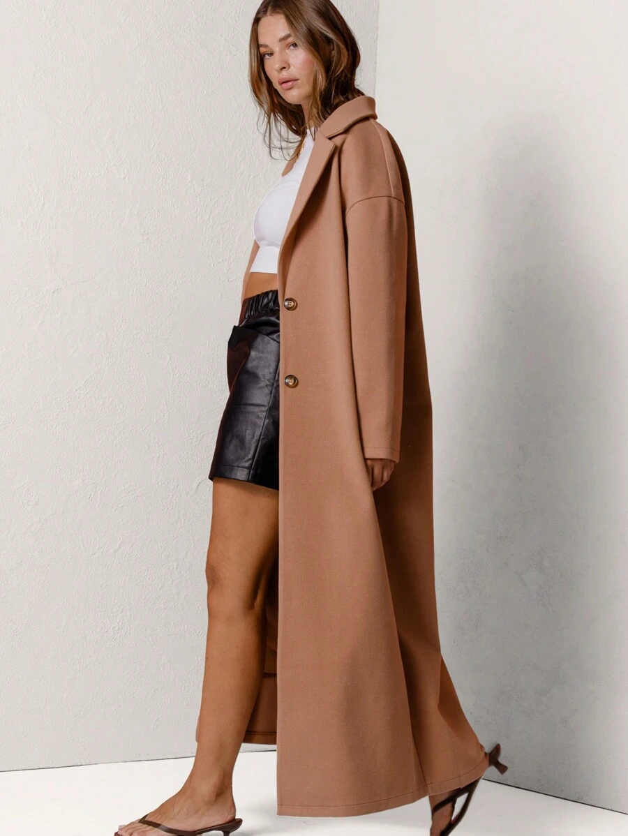 Aralina Classic Camel Double-Breasted Longline Formal Coat - Blue - View 1