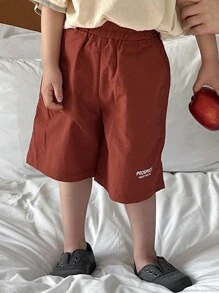 DAZY Young Boy Letter Print Elastic Waist Pocket Casual Shorts - Red - View 1