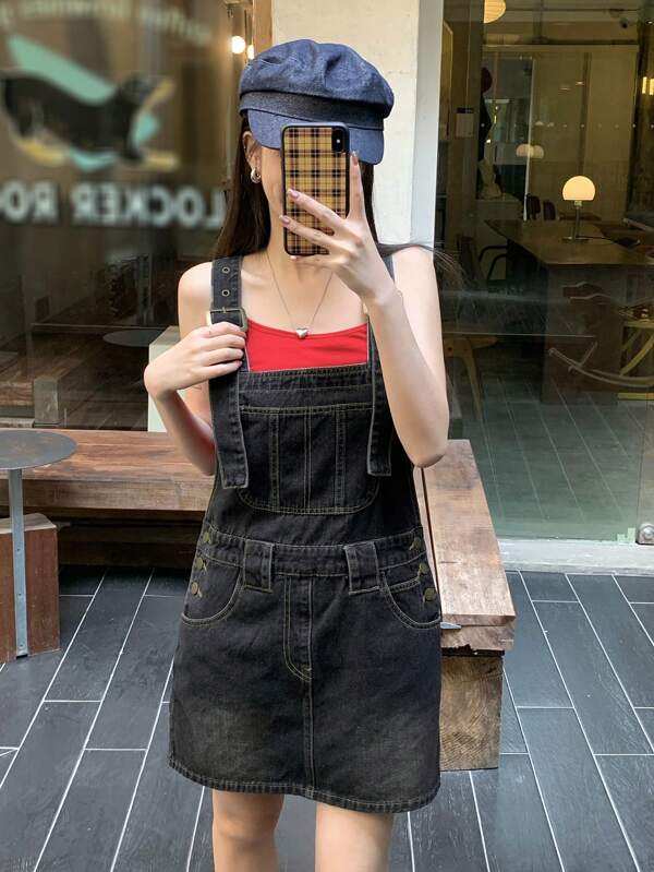 DAZY Losse, casual denim jumpsuit met zakken voor dames, cropped zomerjurk