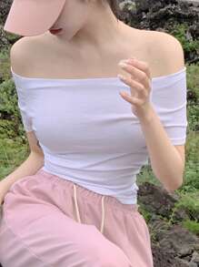 DAZY Women's Solid Color Off-Shoulder Short Sleeve Cropped White T-Shirt, Spring/Summer,Off Shoulder Top - White - View 1