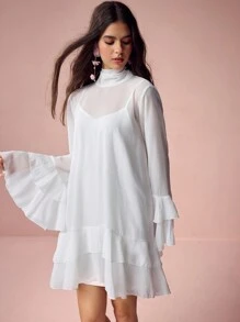 Enchnt Đầm xòe tay loe cổ cao màu trơn thanh lịch cho nữ - trắng - Xem 5