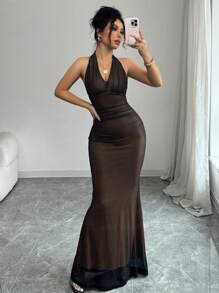 Rafferiza 优雅紧身鱼尾下摆 V 领收腰针织网眼连衣裙，配洋红色衬里，女款，秋冬款 - 彩色 - 查看 5