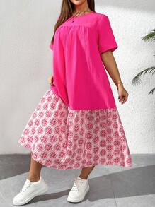 SHEIN Essnce Damen Große Größen Frühling und Sommer Mode Lässig locker täglich komfortables rosa Kurzarm konservatives langes Kleid, Sommer Outfits für Frauen, Kleidung für Mutter und Tochter, Urlaubsoutfits Frau - Pink - Übersicht 5