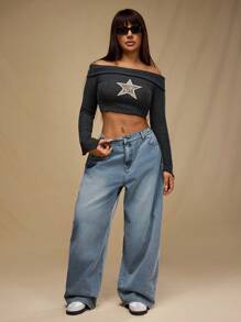 Forever 21 Plus Size Casual Washed Low Waist Wide Leg Jeans - Blue - View 2