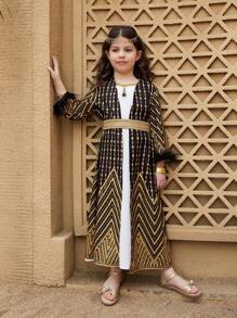 2pcs/Set Young Girl Faux Fur Patchwork Long Sleeve Simple Jacket And Dress - Multicolor - View 3