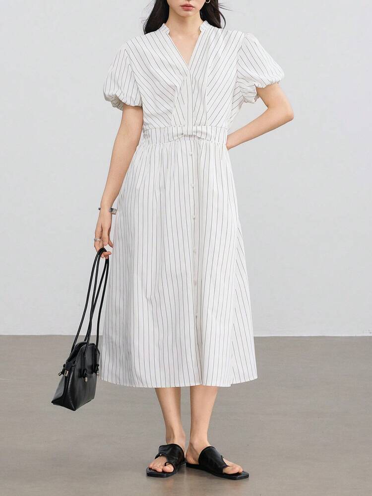 Casual Business Plaid V-Neck Puff Sleeve Waist Fit & Flare Midi Dress For Women Sundress