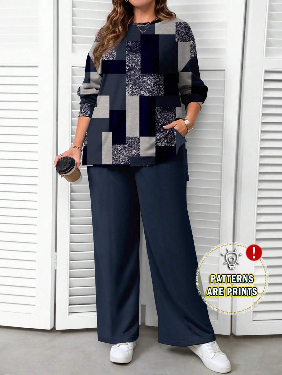 EMERY ROSE 2pcs/Set Women Plus Size Casual Geometric Print Long Sleeve Hoodie Sweatshirt And Pants Set, ,Spring/Summer/Vacation - White - View 1