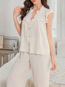 瑞士圆点提花荷叶边缺口领上衣和长裤女士睡衣套装 - 杏色 - 查看 1