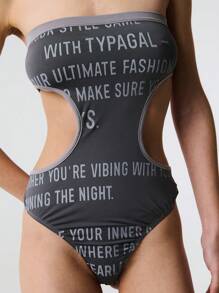 SHEIN Unity Text Print Cut Out Waist Tie Back Bandeau BodySuit - Grey - View 5