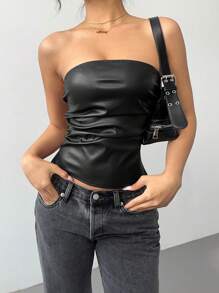 Siren Gaze 女士黑色皮革上衣时尚褶皱不对称下摆抹胸，适合外出和派对上衣，女士夏季服装，音乐节/音乐会女士服装 - 黑色 - 查看 7