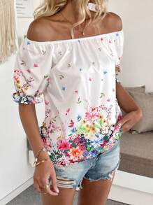 Breezaya Casual Flower Print Off Shoulder Blouse For Vacation - White - View 6
