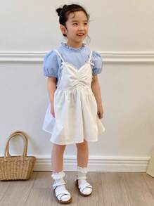 DAZY 2 pièces Set: Top à manches courtes et robe style camisole jeune fille simple, tenue décontractée de tous les jours, tenues d'été pour filles - Blanc - Voir 3