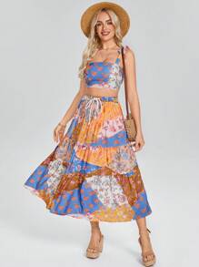 Wildy Boho Vacay Bohemian Western Wear Women Women 2pcs Set: Printed Slip Dress & Sleeveless Skirt, Resort Wear