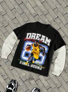 Manfinity EMRG Men's Solid Color Patchwork Round Neck Long Sleeve Casual Pullover Basketball Sweatshirt - Multicolor - View 1