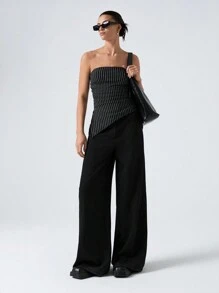 SHEIN EZwear 女士黑色编织条纹不对称下摆短款吊带上衣 - 黑色 - 查看 1