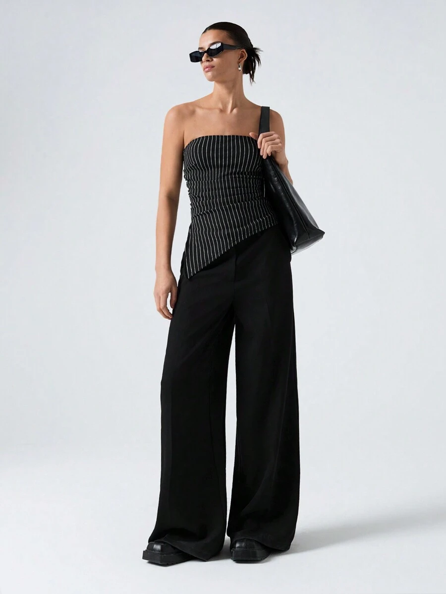 SHEIN EZwear 女士黑色编织条纹不对称下摆短款吊带上衣 - 黑色 - 查看 1