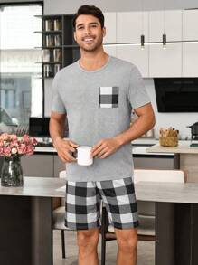 Snug Zone Plaid Print Short Sleeve Shorts Men Pajama Set - Light Grey - View 3