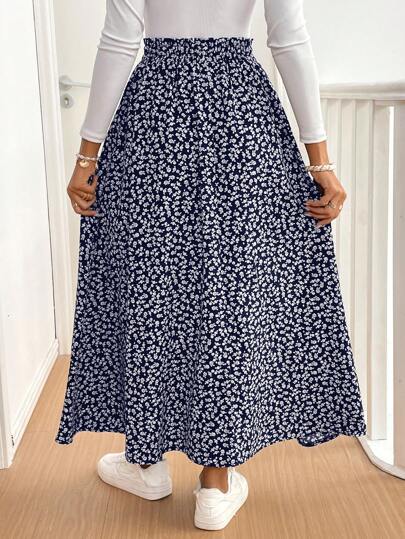 SHEIN Frenchy Women's Ditsy Floral Slit Frill Trim Maxi Skirt, Casual & Fashionable For Everyday Wear Summer Vacation Flower Blue Holiday Resort