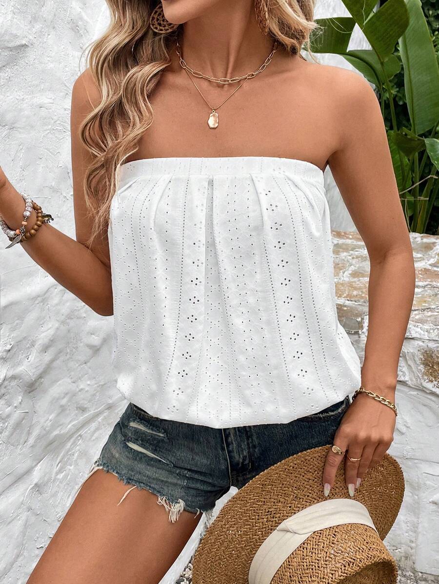 SHEIN LUNE 女士镂空提花纹理抹胸褶皱衬衫，休闲优雅街头服饰 - 白色 - 查看 1