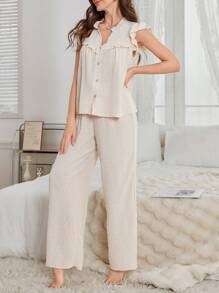 瑞士圆点提花荷叶边缺口领上衣和长裤女士睡衣套装 - 杏色 - 查看 6