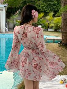 DAZY 女士花卉印花喇叭袖和服罩衫，适合夏季海滩度假 - 彩色 - 查看 6