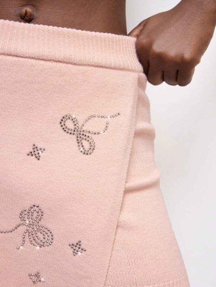 SHEIN Maija Women's Rhinestone Embellished Knit Sweater & Elegant Pleated Mini Skirt Set, Spring/Summer, Suitable For Dating, Parties, Outdoor Casual Wear