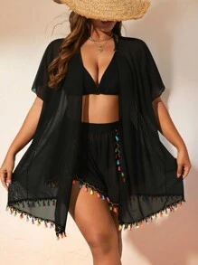 Swim Vcay Summer 2pcs Plus Size Beach Vacation Colorful Tassel Patchwork Kimono Cover Up - Black - View 4