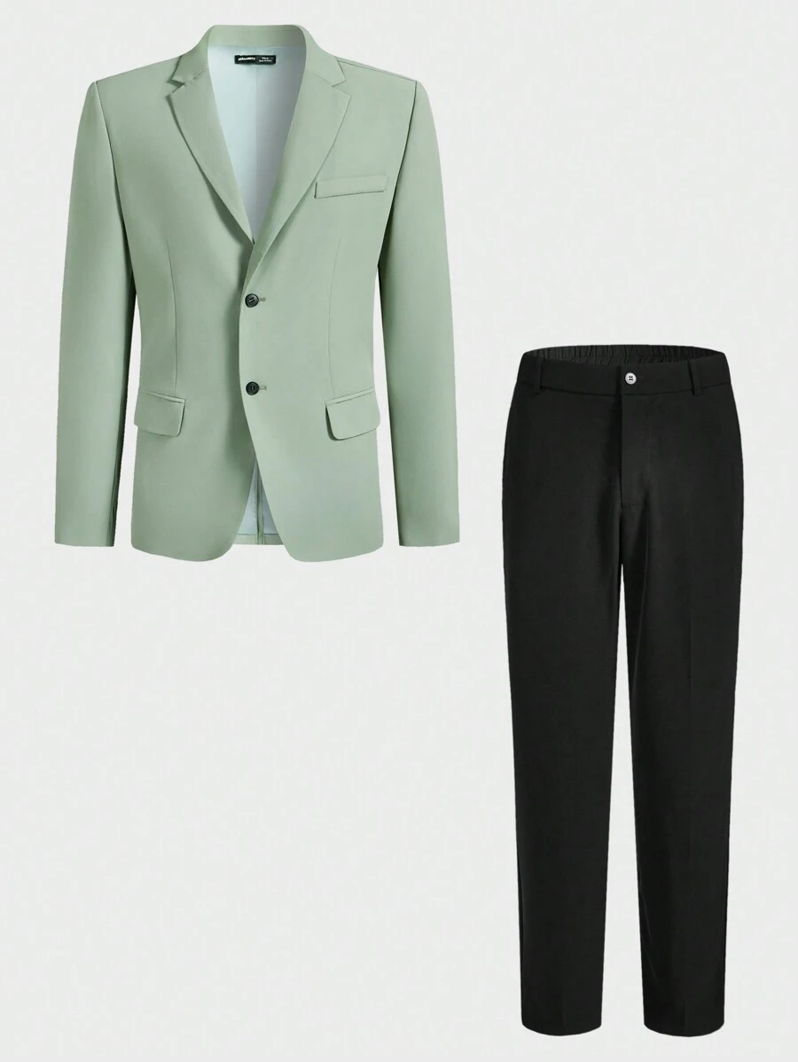 Manfinity VCAY 2pcs Men's Woven Fitted Notched Lapel Casual Suit Set, Suitable For Daily Wear, Christmas - Green - View 1