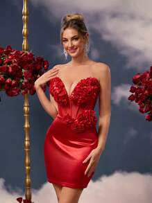 SHEIN Belle Elegante, romántico y sexy vestido de tubo con decoración de flores tridimensionales en tela elástica roja para cintura ceñida, ideal para primavera y verano en festivales, conciertos, carnaval, fiestas, citas, cócteles y bodas