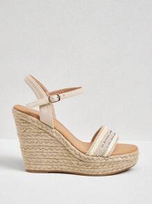 Styleloop 女士时尚米色编织带踝带黄麻绳坡跟厚底凉鞋，适合通勤、约会、派对、度假