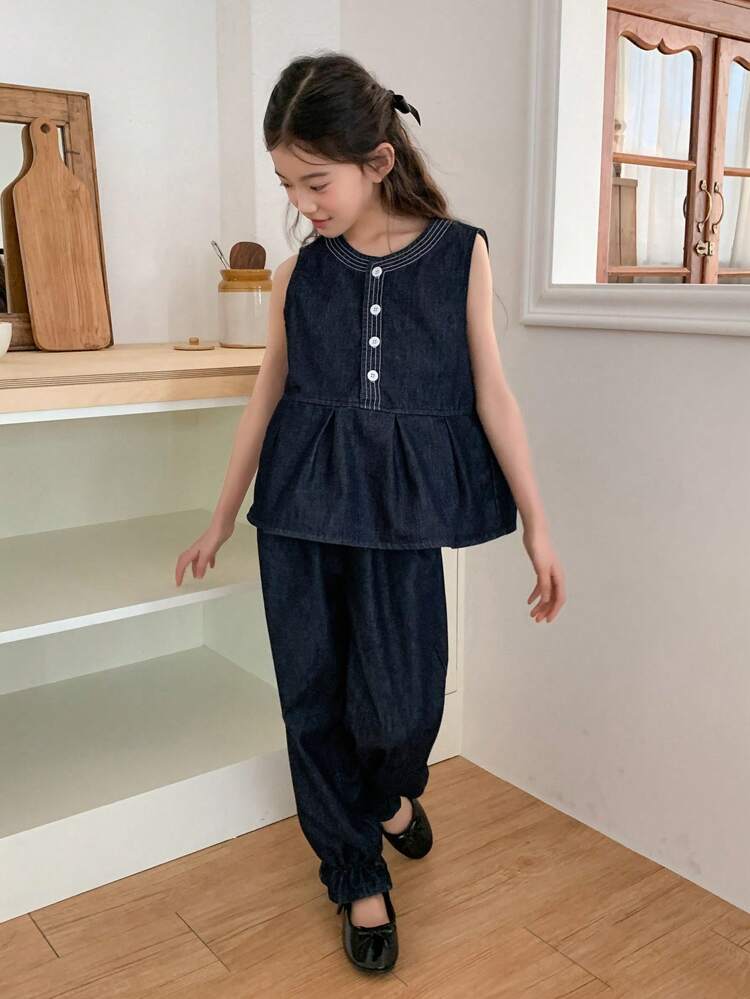Tween Girls Tween Girl Front Button Sleeveless Casual Top And Denim Long Pants Set