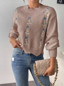 Chiquease Loose Knit Top With White Lace Collar, Embroidered Design, Suitable For Autumn/Winter