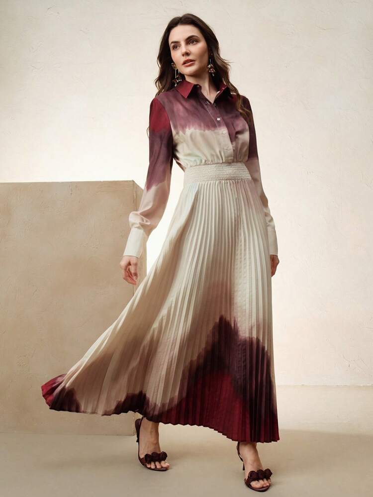 Anewsta Elaire Women Tie Dye Tie-Dye Pleated Waist Elegant Shirt Dress, Spring Outfits For Women
