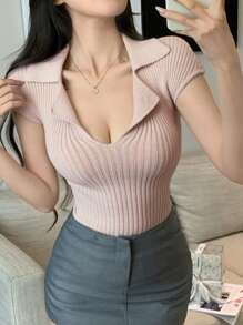 DAZY Women's Slim Fit V-Neck Short Sleeve Knit Top - Apricot - View 10