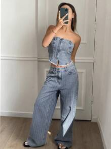 DAZY Conjunto de bralette ajustada y vaqueros de pierna recta estilo vaquero casual desgastado y lavado para mujer - Azul - Ver 4