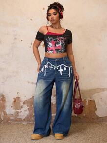 SHEIN ICON Plus Size Women Loose Relaxed Wide Leg Jeans - Blue - View 4