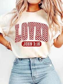 INAWLY Christian Valentine's Day, "John 3:16" Bible Verse, Retro Valentine, Plaid Letter Print Round Neck Women T-Shirt - Apricot - View 1