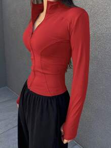 DAZY Women Fashionable And Simple Stand Collar Waist-Cinched Slim Fit Jacket - Red - View 2