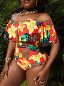 SHEIN Slayr CURVE Tropical Print Maxi Dress With Plus Size Ruffle Hem, Plus Size Summer