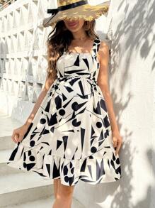 SHEIN 孕妇无袖花卉印花休闲短款连衣裙 - 米色 - 查看 3