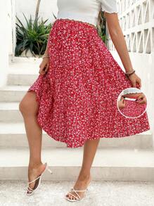 SHEIN Maternity Flowery Print Layered Ruffle Elastic Waist Skirt, Suitable For Vacation - Red - View 1
