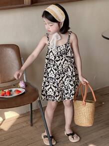 DAZY 年轻女孩全身印花吊带连体裤，休闲假日风格花卉 - 黑與白 - 查看 5