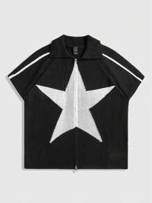 ROMWE MEN Men's Prep Zipper Placket Short Sleeve Five-Pointed Star Knit Top - Black - View 1