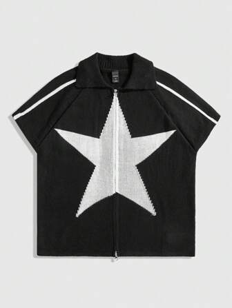 Prep Camiseta de manga corta con cremallera y estrella de cinco puntas tejida para hombres