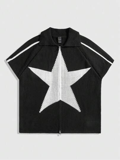 Men's Prep Zipper Placket Short Sleeve Five-Pointed Star Knit Top