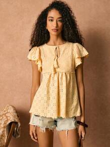 Poéselle Damen Bluse mit Blumenstickerei, Fransen-Schlupfkragen und Rüschenärmeln