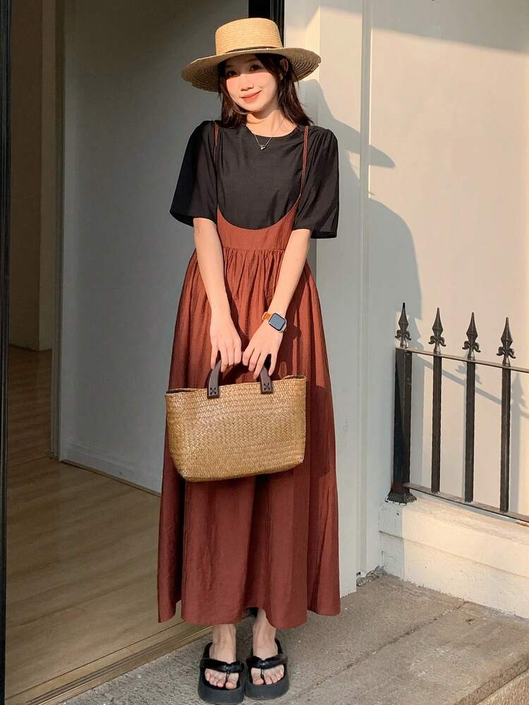 2 Pieces Women's Solid Color Camisole Dress With Short Sleeve Top