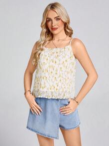 SHEIN LUNE Camiseta de mujer con volantes en color amarillo claro y estampado floral romántico, para primavera/verano