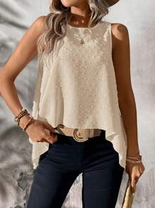 EMERY ROSE 夏季时尚休闲白色激光切割不对称下摆 A 字形圆领背心，修身 - 卡其色 - 查看 1
